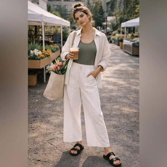 Universal Thread White Wide Leg Pants Drawstring Cotton Coastal Minimalist M - Picture 1 of 11